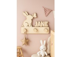 KinderKapstok Hout Kinderkamer – Wandkapstok Babykamer met Eigen Naam – Konijn kapstok – Origineel Kraamcadeau Verjaardagcadeau Baby / Kind