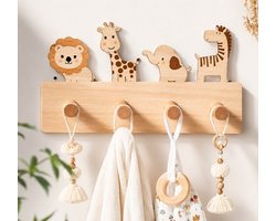 kinderkapstok - kapstok - kinder kamer kapstok - baby kamer kapstok - wandkapstok - safari dieren - hout - 4 haken