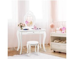 Kinderkaptafel met kruk, afneembare spiegel, make-uptafel, make-uptafel, make-uptafel, make-uptafel, met lade, houten kaptafelset (wit)