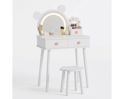 Kinderkaptafel met ledspiegel in de vorm van een teddybeer – Prinsessenkaptafel met opberglades en krukje met bloemenprint – Meisjeskamermeubels – Wit
