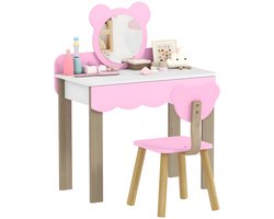 Kinderkaptafel Set met Krukje & Spiegel – Make-up Tafel voor Kinderen – Roze/Wit