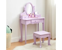 Kinderkaptafel set met spiegel en kruk - houten kaptafel voor meisjes speelgoed - paars
