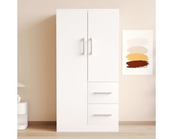 Kinderkast 70x40x135 cm – Dubbele Deuren Kinderkledingkast met 2 Lades en Opbergvakken – Slaapkamerkast voor Jongens en Meisjes – Duurzaam Wit Meubel –