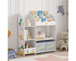 Kinderkast Lysekil - Open Kast Voor Kinderen - Met 2 Opbergdozen - Boekenkast - Speelgoedopberger - Dinosaurusmotief - 100x93x30 Cm