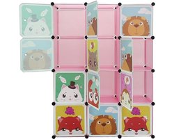 Kinderkast met 12 kubussen - Opbergkast voor speelgoed, kleding en schoenen - Roze en blauw, 111 cm