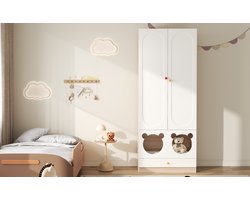 Kinderkast Met Kattenbed - Opbergkast Met Kledingstang, Wit En Naturel, 80x50x200 Cm - Verticale Opbergruimte Voor Slaapkamer