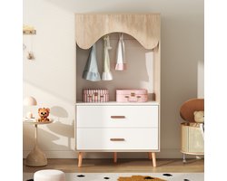 Kinderkast - Met Kledingstang En Lades - Wit En Natuur - 80x46x141.5 Cm - Open Ontwerp Met Massieve Handgrepen