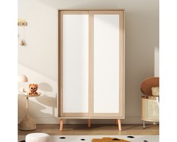Kinderkast Met Schuifdeuren - Opbergkast Met Kledingstang, Wit En Natuur, 80x46x141.5 Cm - Ruimtebesparend Voor Kleine Slaapkamer