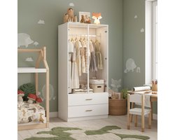Kinderkast Wit met LED Verlichting - ADFBL - Kledingkast 80cm Breed - Garderobekast met 2 Transparante Deuren, 2 Lades & Bewegingssensor Licht - Gouden Handgrepen