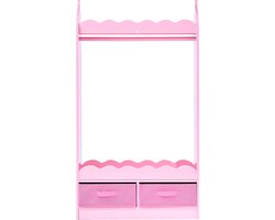 Kinderkledingkast 604x339x1080mm, Kast met Spiegel, Kledingstang en Planken, Mdf Kleedkamerkast met Stoffen Lades voor Meisjes, Opbergkast voor Verkleedpartijen, Slaapkamer, Roze