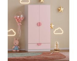 Kinderkledingkast met 2 Deuren en Lade - Wit en Roze - 123x60x40 cm