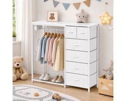 Kinderkledingkast met 6 Lades, Kledingrek en Stopcontact – Witte Kinderkast met Schoenenrek en Opbergplanken, Multifunctionele Garderobekast voor Kinderkamer