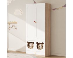 Kinderkledingkast met kledingroede en Lades - Kinderkast - 80 x 50 x 200 cm - Wit en houtlook