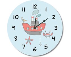 Kinderklok Bootje Marine | STIL UURWERK | wandklok van hout voor kinderkamer en babykamer met een zee & strand thema - maritieme decoratie accessoires - meisjes en jongens slaapkamer