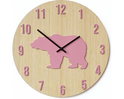Kinderklok - Dierenklok - Lokaal product - Handgemaakt - Beer - Bamboe/staal - Roze - 43cm - Stil Europees uurwerk - Cadeau - Phanti
