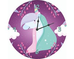 Kinderklok eenhoorn/unicorn, wolken, bloemen paars | STIL UURWERK | wandklok van hout voor kinderkamer en babykamer - decoratie accessoires - meisjes slaapkamer