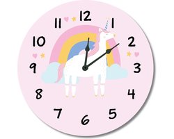 Kinderklok regenboog, eenhoorn/unicorn, wolkjes roze | STIL UURWERK | wandklok van kunststof/aluminium voor kinderkamer en babykamer - decoratie accessoires - meisjes slaapkamer