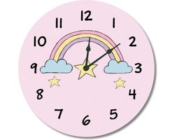 Kinderklok regenboog, wolkjes, ster roze | STIL UURWERK | wandklok van aluminium voor kinderkamer en babykamer - meisjes slaapkamer