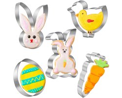 Kinderkoekjesvormpjes - 5-pack - Paashaas koekjesvormpjes - Koekjesvormpjes van roestvrij staal - Verschillende vormen - Kan eieren, wortels, konijntjes, kuikentjes en gezichtjes printen