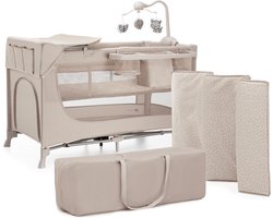 Kinderkraft JOY 2 ACC Reisbed 3-in-1 – Voor baby's tot 15 kg – Snel inklapbaar – Inclusief speelcarrousel, luierplateau, aankleedonderlegger en draagtas – Beige