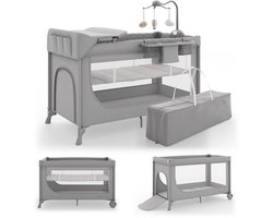 Kinderkraft LEODY UP - 2-in-1 reisbedje - met verschoontafel en organizer - inklapbaar - met muziek mobiel - Grijs