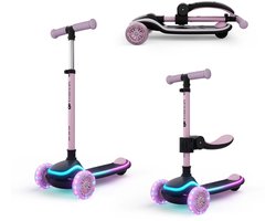 Kinderkraft RAKET UP 2-in-1 Loopfiets en Driewieler Step - 3-Wiel kinderstep - vanaf 2 jaar tot 50 kg - Wielen met RGB LED's - Opvouwbaar in 2 seconden - Verstelbaar stuur - Roze