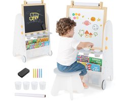 Kinderkunst-Ezel met Kruk 4-In-1 Activiteitentafel met Magnetisch Bord Krijtbord Boekenplanken Papierrol voor Kinderen 3+