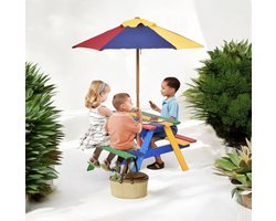 Kindermeubel van dennenhout, picknicktafel met bank voor kinderen, met parasol, kinderzitgroep voor 4 peuters, geschikt voor binnen en buiten, tuin, balkon, strand (model 1)