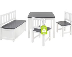 Kindermeubels Tafel en Stoelen Set voor Kinderen - Grijze Kinderzitbank met Kist van Massief Grenenhout