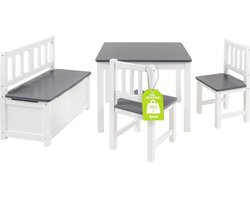 Kindermeubels Tafel en Stoelen Set voor Kinderen - Grijze Kinderzitbank met Kist van Massief Grenenhout
