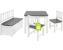 Kindermeubels Tafel en Stoelen Set voor Kinderen - Grijze Kinderzitbank met Kist van Massief Grenenhout