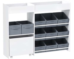 Kinderopbergrek, Speelgoed Organizer, 105x30x80 cm, Wit, met 11 stoffen opbergdozen, kantelbeveiliging en bovenste compartiment, stevig en duurzaam houten frame, modern en eenvoudig ontwerp, ideaal voor boeken en speelgoed.