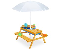 Kinderpicknicktafel met parasol - met 2 bakken - hout