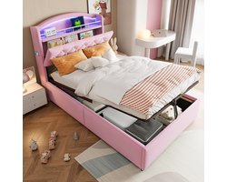 Kinderpolsterbed 90x200 - Opbergruimte, LED Verlichting, USB Oplaadfunctie - Roze Fluweel, Metalen Lattenbodem