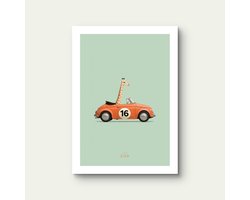Kinderposter - Little Livo - Giraf in Vintage auto - 21cmx30cm - 250 g/m2 papier - Mat afwerking - Muurdecoratie