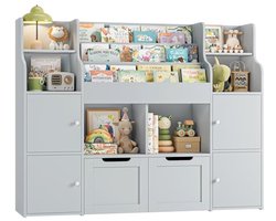 Kinderrek met boekenkast voor de kinderkamer - Houten meubels met opbergdozen en speelgoedkisten op wielen