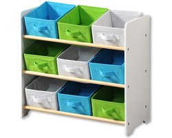 Kinderrek met boxen van FSC-gecertificeerd materiaal, speelgoedrek van hout met 9 opbergdozen van textiel, voor kinderkamer, 66 x 30 x 59,5 cm