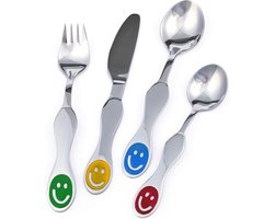 Kinderservies Bestekset 4 Delig – Kleurrijk RVS Bestek met Vrolijke Gezichten