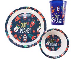 Kinderservies thema ruimte – 3 delige ontbijtset voor kinderen beker kom bord met raket – dinerset melkbeker peuters – robuust melamine + drinkbeker 100% BPA vrij – MS05