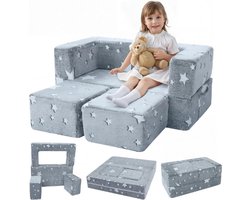 Kindersofabed, Modulaire Peuterbank, Oplichtende Sterren Kinderstoel Lounger Opklapbaar, Baby Mini Bank Slaapkamermeubilair voor Speelkamer, Grijze Ster