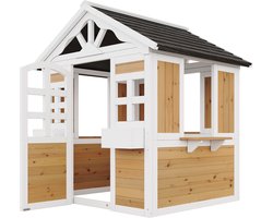 Kinderspeelhuis Speelhuis Voor Buiten Massief Vurenhout 113 x 100 x 132 Cm Naturel Zwart Met Ramen Deuren En Plantenbak Voor Tuin En Rollenspel