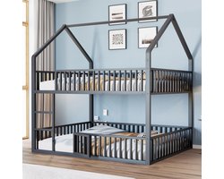 Kinderstapelbed 140*200, metalen tweepersoonsbed, kinderbed voor gezinnen, stapelbed met trap, loftdesign, onderste bed met kleine deur die open en dicht kan, zwart