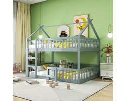 Kinderstapelbed 140x200 cm - Massief houten frame - Geïntegreerde bok - Veiligheidsrails - Loft-design - Dubbele ruimte - Max draagvermogen 120 kg - Grijze kleur