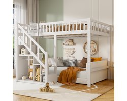 Kinderstapelbed Stapelbed 140 x 200 cm, Grenenhouten bed, Kinderbed met trap en opbergplank, Eenpersoonsbed voor kinderen, Stapelbed met lattenbodem, Wit, Zonder matras (Wordt in 2 pakketten verzonden)