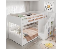 Kinderstapelbed, tweepersoonsbed, multifunctioneel kinderbed met trap en opbergkastjes, stevige zijrails, matras niet inbegrepen, 90*200 cm, wit.
