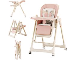 Kinderstoel 4 In1-3 kantelstanden-5 Hoogtestanden-Wieltjes-Schommelstoel voor baby's vanaf 3 maanden-Roze