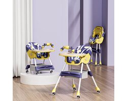 Kinderstoel Baby Inklapbaar & Verstelbaar – Hoge Kinderstoel met Dubbel Afneembaar Dienblad, 5-Punts Veiligheidsgordel, Wielen met Rem, Opbergtas & Verstelbare Rugleuning – Blauw/Geel