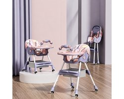 Kinderstoel Baby Inklapbaar & Verstelbaar – Hoge Kinderstoel met Dubbel Afneembaar Dienblad, 5-Punts Veiligheidsgordel, Wielen met Rem, Opbergtas & Verstelbare Rugleuning – Roze/Paars