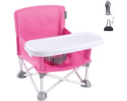 Kinderstoel Inklapbaar - Stoelverhoger - Zitverhoger - Kinderstoel - Kinder Eetstoel - Eetstoel Baby - Incl. Draagtas & Bevestingingsriemen- Grijs/Roze