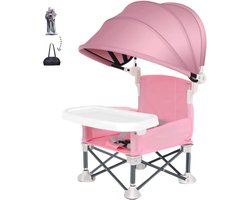 Kinderstoel Inklapbaar - Stoelverhoger - Zitverhoger - Kinderstoel - Kinder Eetstoel - Eetstoel Baby - Incl. Draagtas & Bevestingingsriemen- Roze met Zonwering